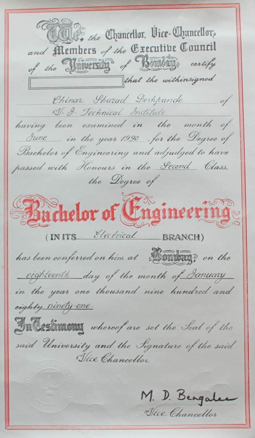 Bachelor of Engineering (B.E.) Certificate